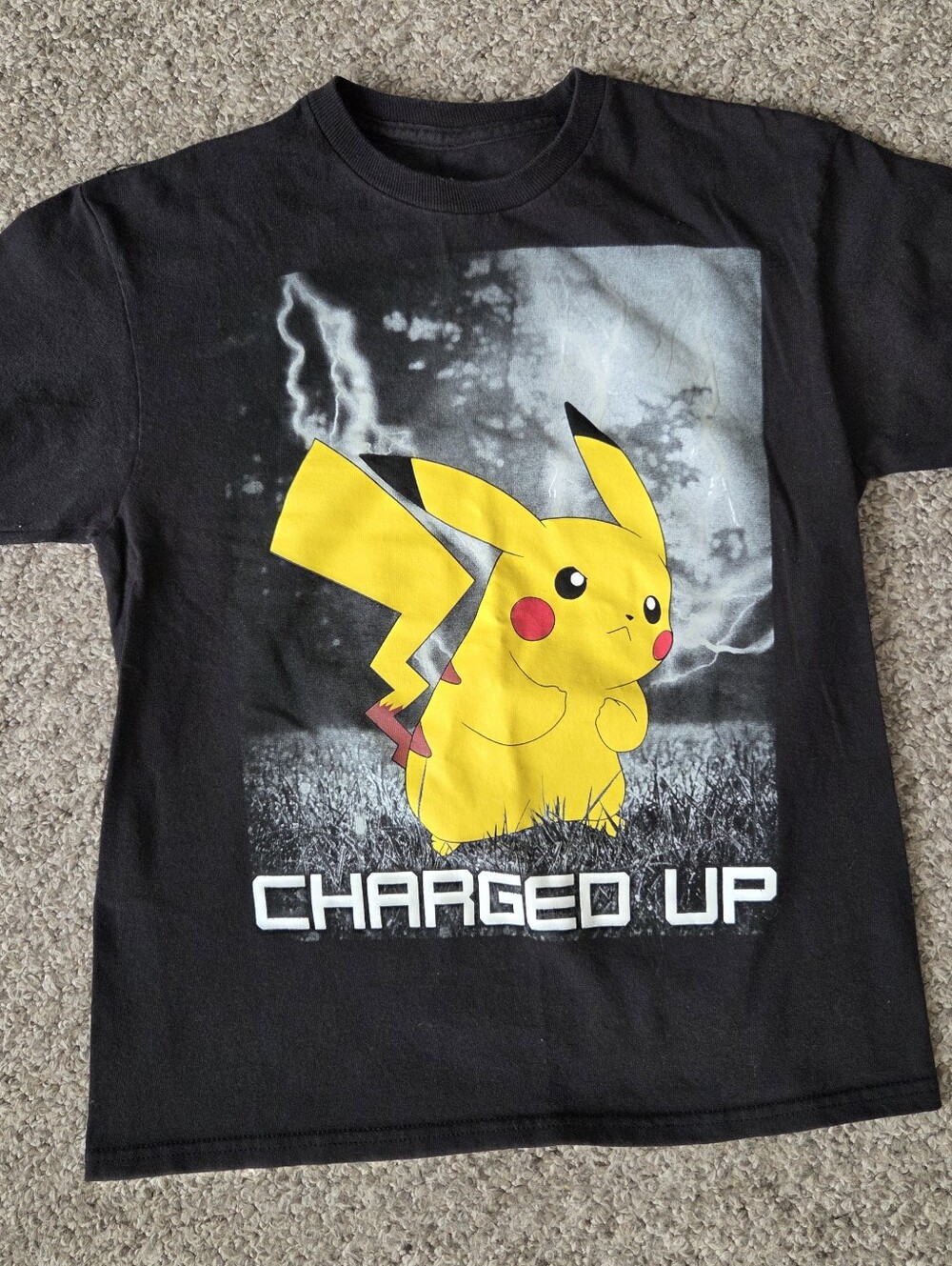 Pokeman Boys Black Pikachu Charged Up Lightening Short Sleeve Shirt L 10/12